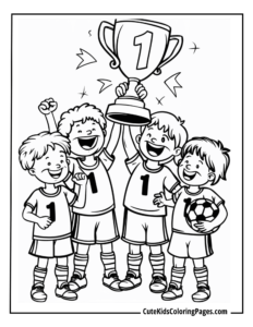 team of four players holding winning trophy with cheer and happiness.