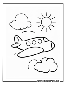 flying aeroplane between clouds with sunny background.