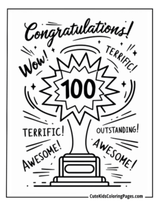 trophy with a 100 number written on it and background is filled with words like congratulations, wow, terrific, awesome etc.