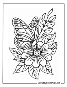 Butterfly on flower coloring page free pdf download