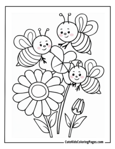 Bees around flower coloring page free pdf download